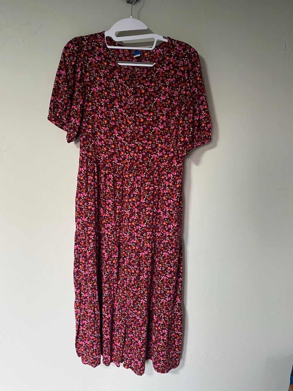 Old Navy Prairie Puff Short Sleeve Tiered Midi Floral Dress Brown Pink XS Modest